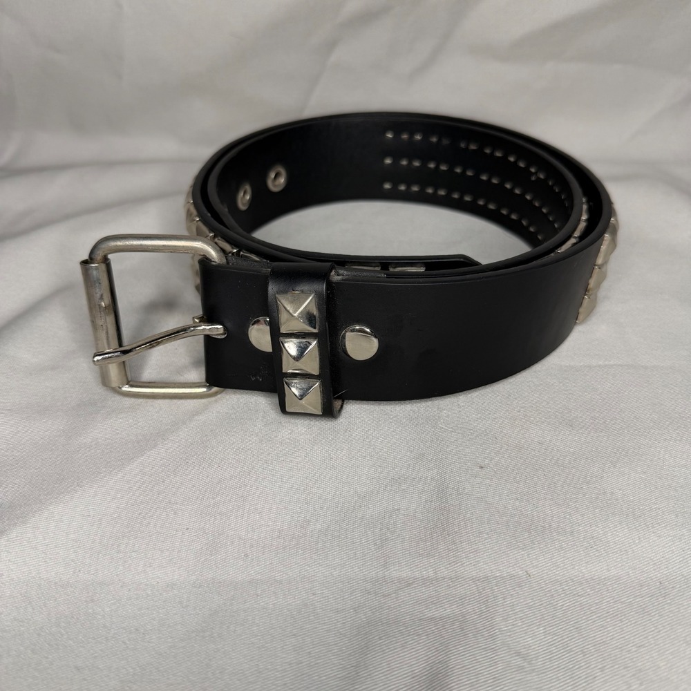 VTG Mens Black Triple Row Pyramid Stud Belt Silver Punk Rock Goth Emo Size 36